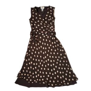 Talbots Pure Silk Petite Wrap Dress Size 2 Brown Polka Dot V‑Neck Tie Waist